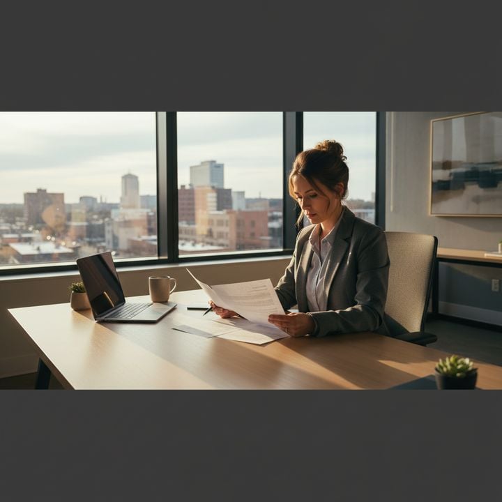 Ohio entrepreneur reviewing business loan documents at a modern office desk