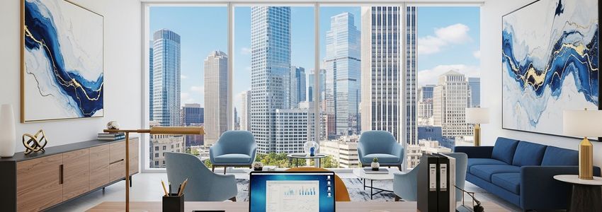 Oklahoma City small business owner reviewing loan documents at a modern office desk