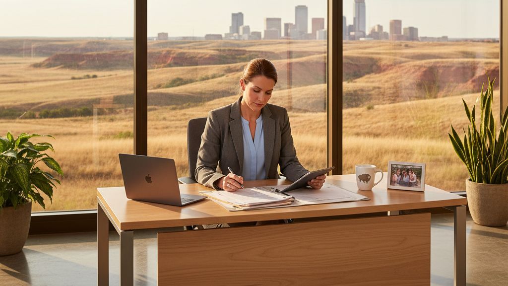 Oklahoma entrepreneur reviewing business loan documents at a modern office desk