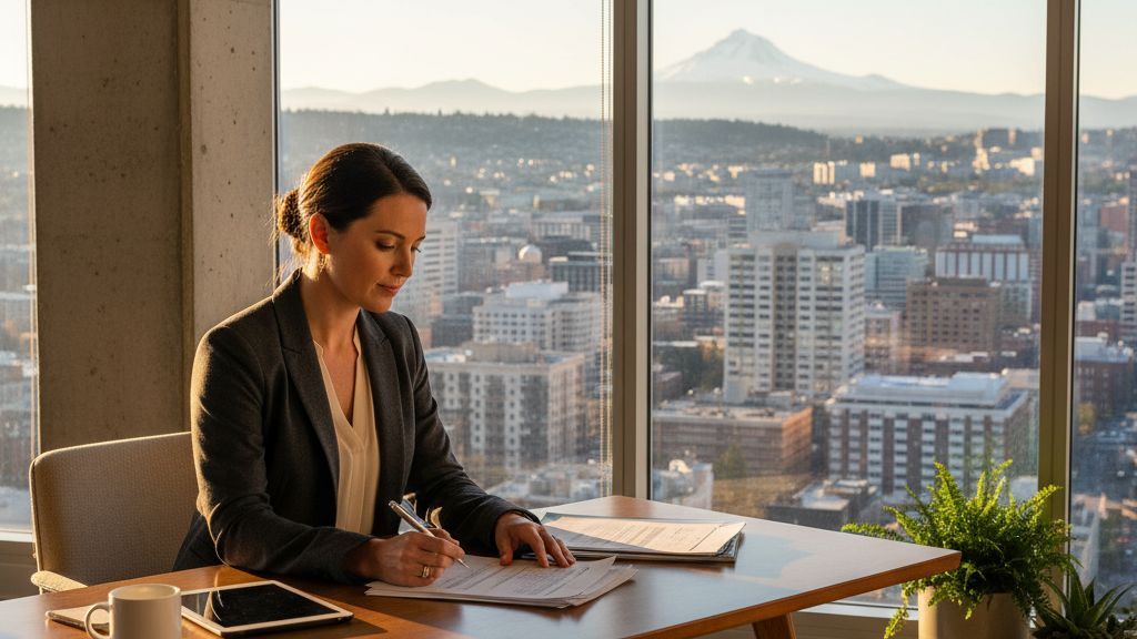 Oregon entrepreneur reviewing business loan documents at a modern office desk in the Pacific Northwest