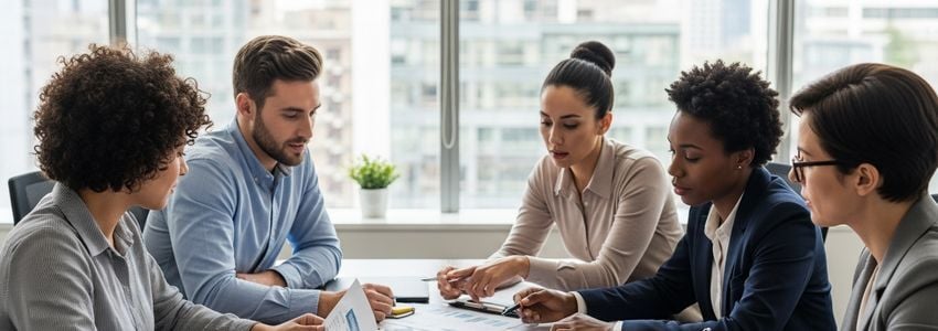 Business professionals reviewing equipment financing options and loan documents at a conference table in a modern Orlando office