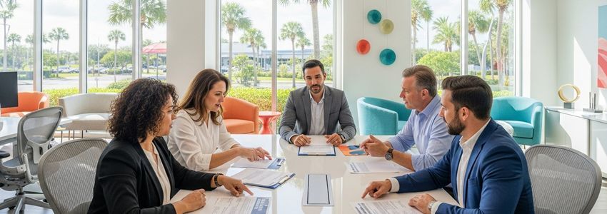 Pensacola Florida small business owners reviewing business loan documents in a professional office setting