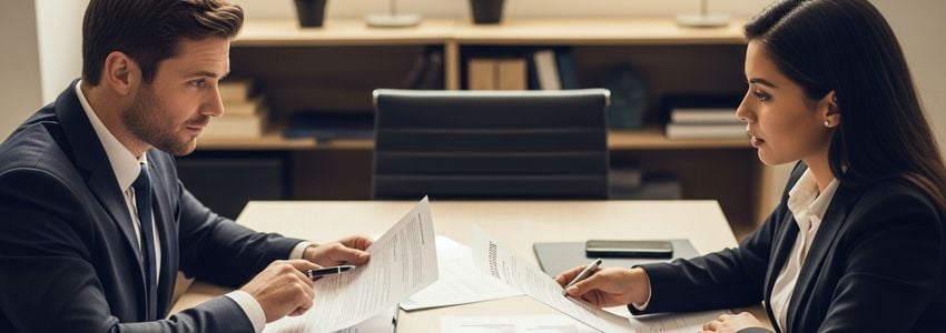 Business professionals reviewing small business loan documents in a Rancho Cucamonga office