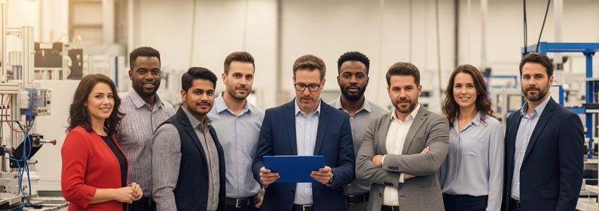 Small business owners and workers in Rockford, Illinois manufacturing facility discussing business financing options