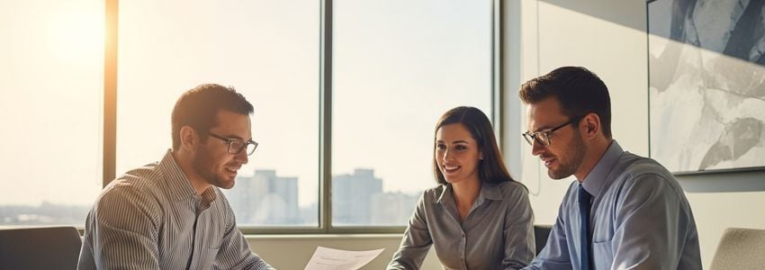 San Antonio small business owners reviewing loan documents with a financial advisor