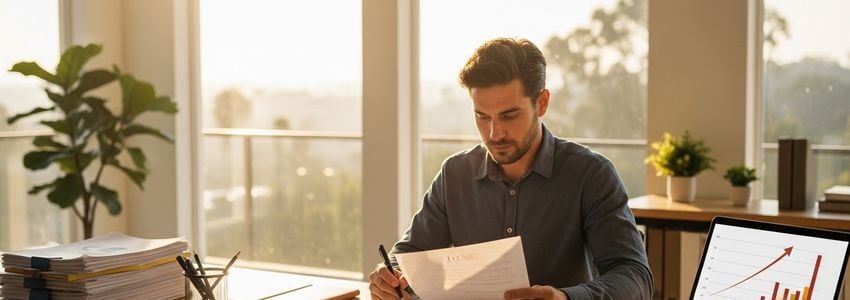 Small business owner reviewing loan documents in Santa Barbara office