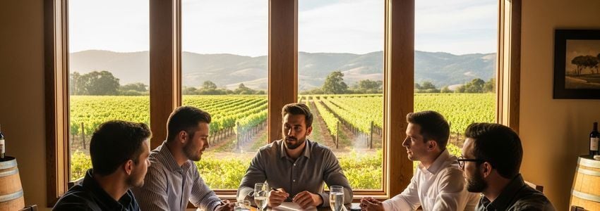 Small business owners in Santa Rosa California reviewing financing options at a wine country meeting