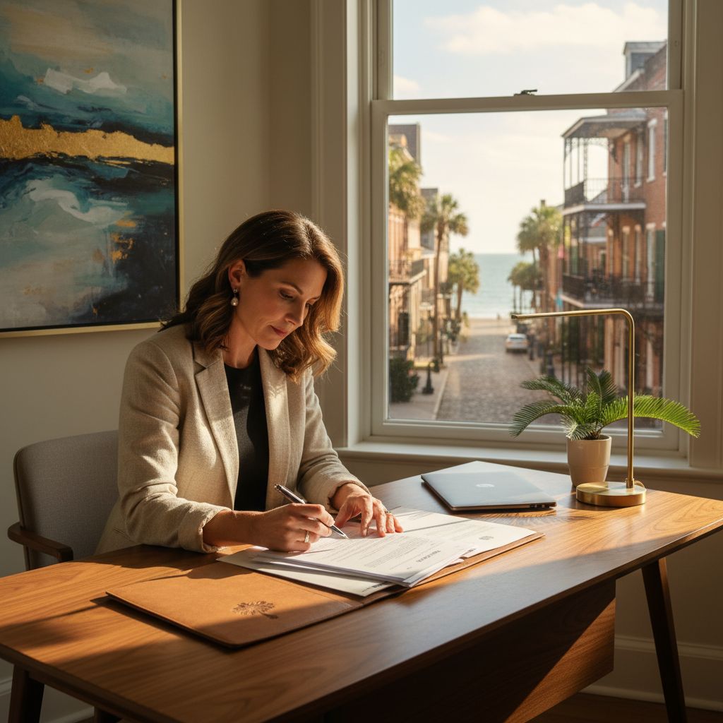 South Carolina entrepreneur reviewing business loan documents at a modern office desk with coastal view