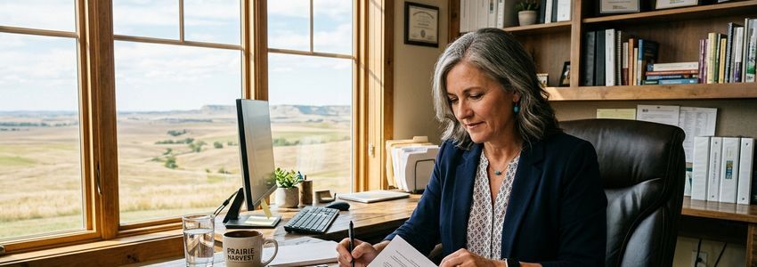 South Dakota small business owner reviewing financing documents in a professional office setting