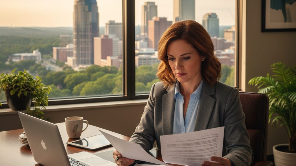Tennessee entrepreneur reviewing business loan documents at a modern office desk