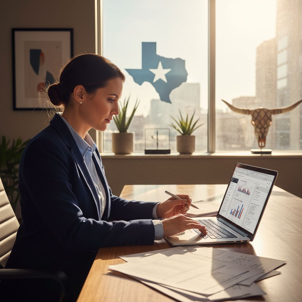 Texas entrepreneur reviewing business loan documents at a modern office