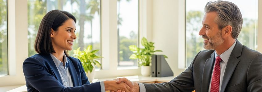 Two business professionals shaking hands in a Southern California office representing small business loan approval in Torrance