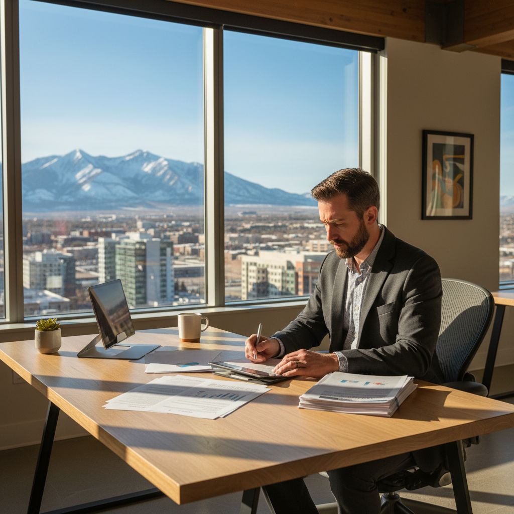 Utah entrepreneur reviewing business loan documents at a modern office desk