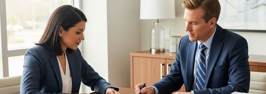 Small business owner meeting with a loan specialist at a Virginia Beach financial office to discuss business loan options