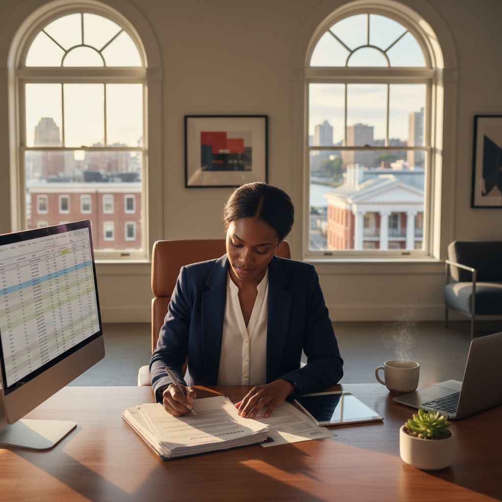 Virginia entrepreneur reviewing business loan documents at a modern office desk
