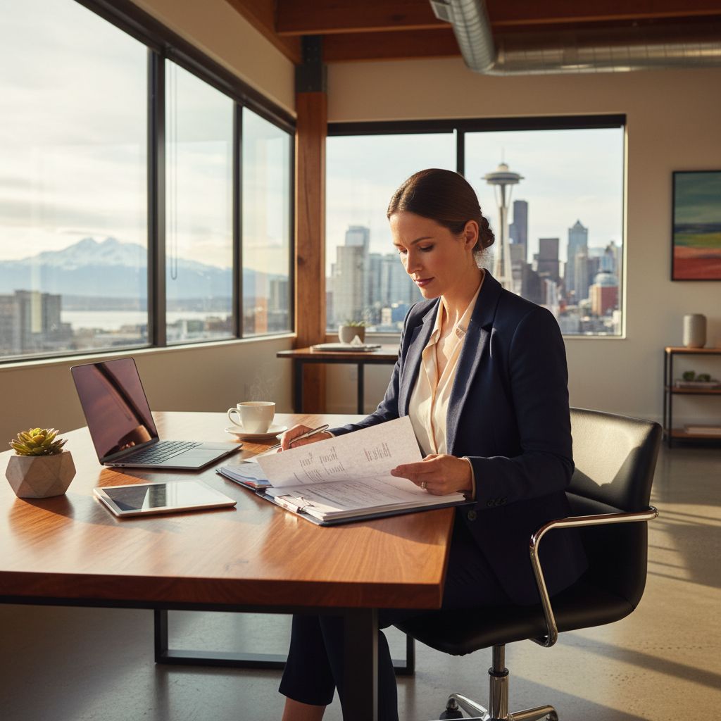 Washington state entrepreneur reviewing business loan documents at a modern Pacific Northwest office