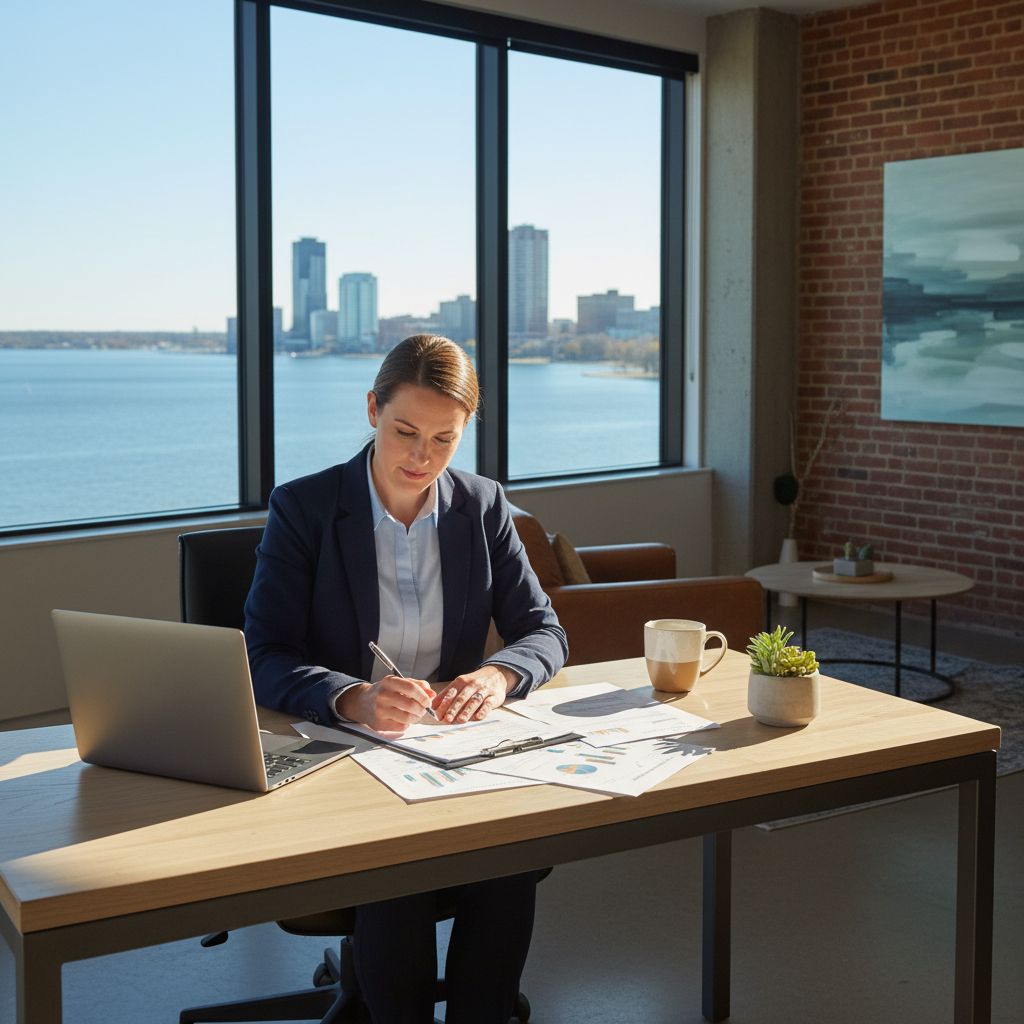 Wisconsin entrepreneur reviewing business loan documents at a modern office desk
