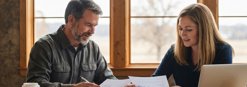 Wyoming business owner and advisor reviewing small business loan documents together at a rustic table