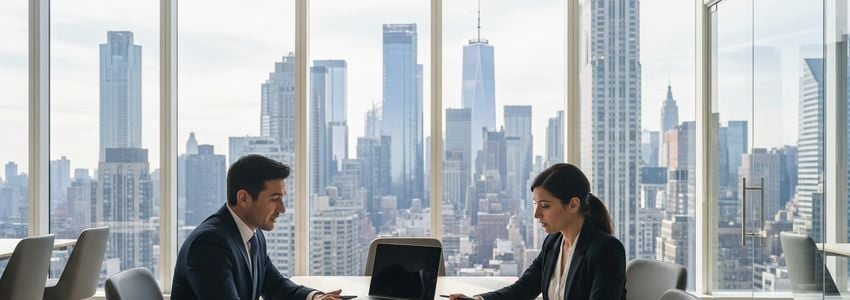 Small business owner reviewing loan options with a financial advisor in a New York office