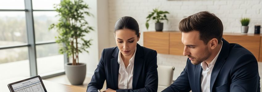 Business owner reviewing line of credit documents with financial advisor at office desk