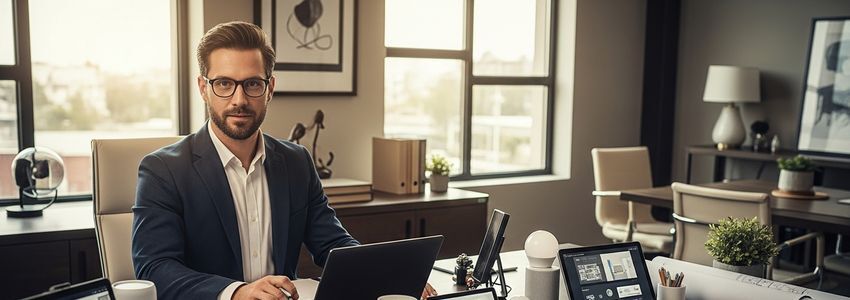 Smart home business owner reviewing financing plans and smart home devices at office desk