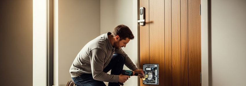 Professional smart home technician installing a smart lock system on a residential door