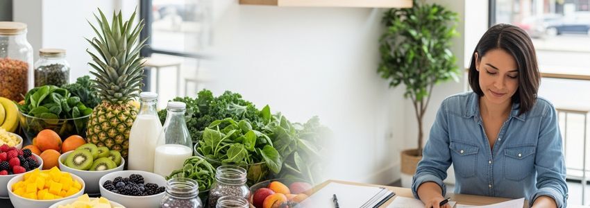 Smoothie bar owner reviewing business financing documents with fresh ingredients in background