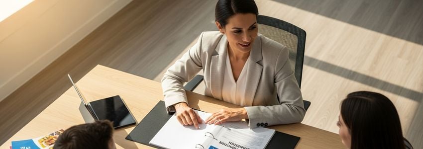 Snack bar franchise owner reviewing financing options with a business lender