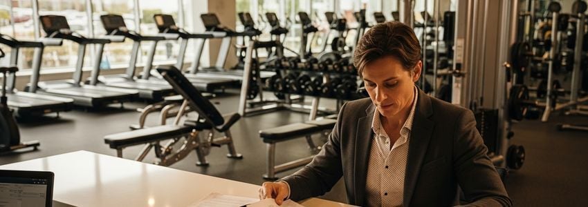 Business professional reviewing Snap Fitness franchise loan documents at a gym reception desk