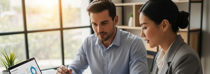Business advisor and franchise owner reviewing Snap-on franchise loan documents at a professional office desk