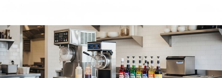 Commercial snow cone and shaved ice machines with colorful syrups in a professional food service setting