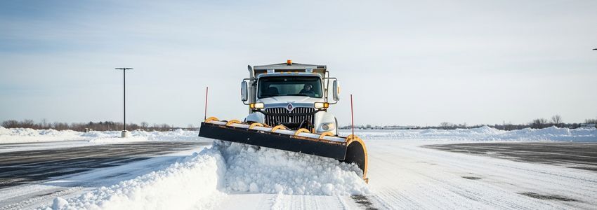 Commercial snow removal truck and equipment clearing a large parking lot in winter