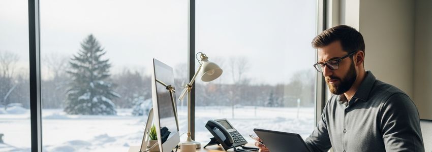Snow removal business owner reviewing equipment financing options at office with winter landscape visible through window