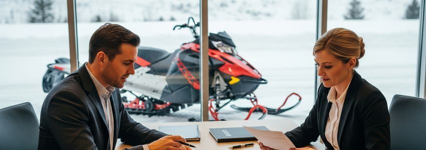 Snowmobile dealer reviewing financing options with a business advisor
