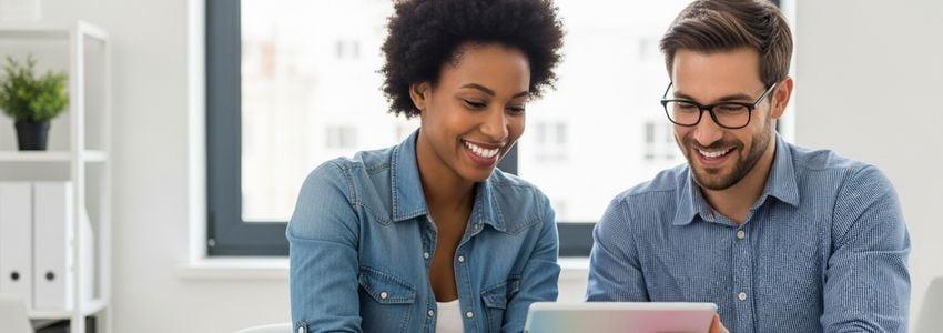 Small business owner reviewing social media analytics on laptop in modern office