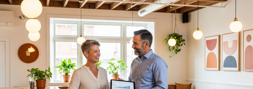 Business owner reviewing soda fountain equipment financing options in a commercial restaurant setting