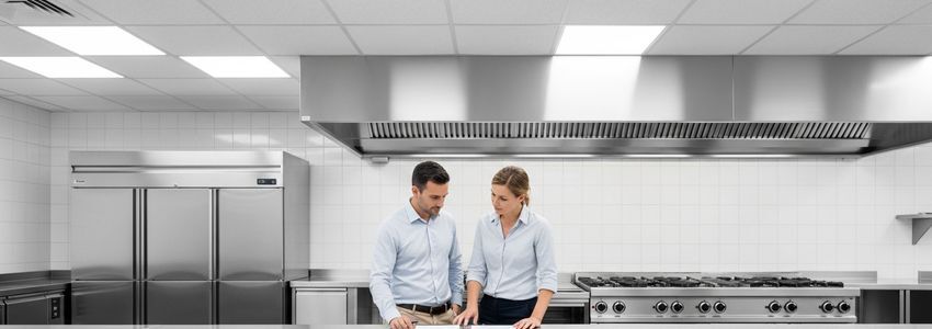 Business owners reviewing soft serve equipment financing options in a commercial kitchen setting