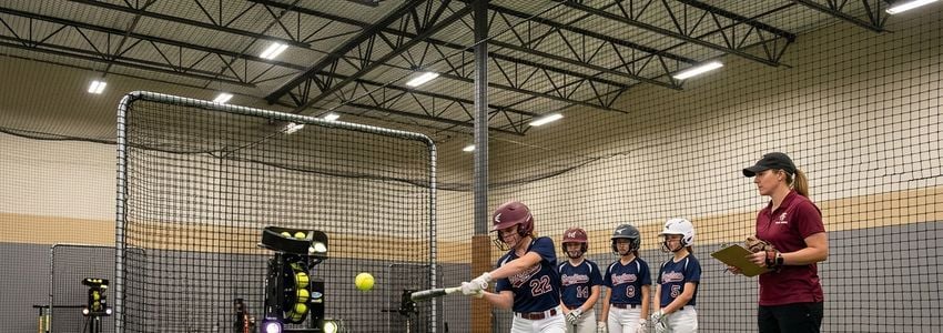 Youth softball players training with a coach inside a modern indoor batting cage facility