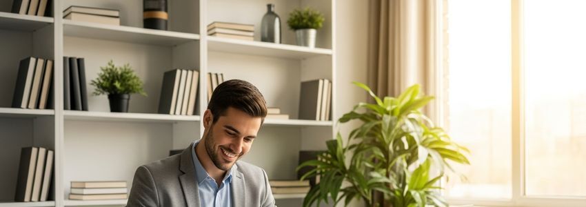 Software company business owner reviewing financing options with a laptop and financial documents in a modern office