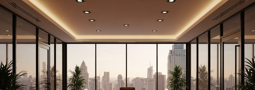 Modern software startup conference room with city skyline view, professional tech business environment