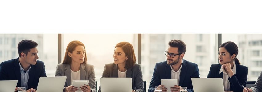 Business team collaborating on software financing strategy in a modern office