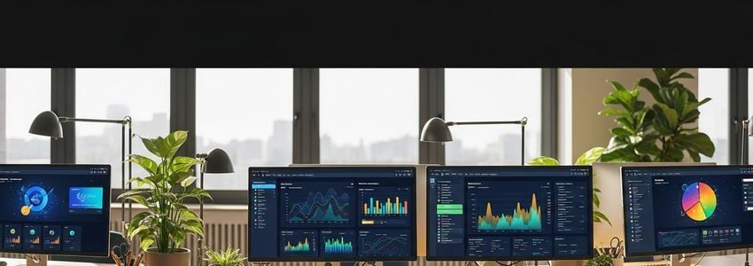 Professional e-learning software dashboard with analytics and course management tools on multiple monitors in a modern office