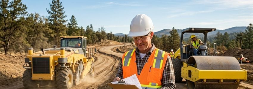 Contractor reviewing soil stabilization equipment financing paperwork near a compactor roller and grader on a construction site