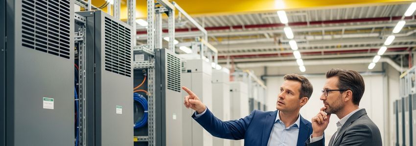 Business professionals reviewing commercial battery storage financing options at an industrial facility
