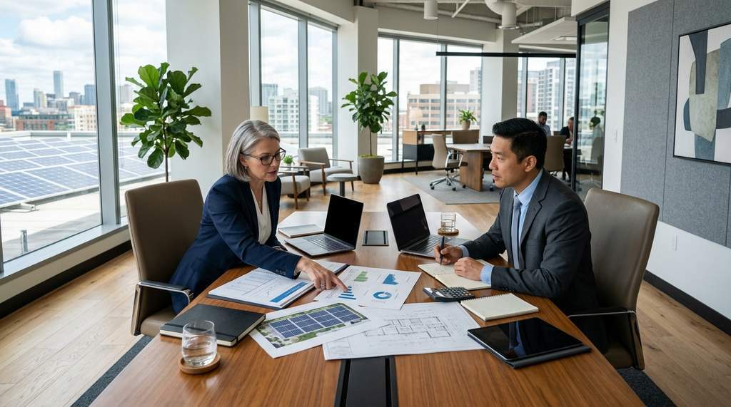 Solar business owner reviewing financing options with a financial advisor in a modern office