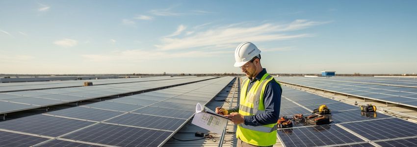 Solar installation contractor reviewing project plans on a large commercial rooftop solar array