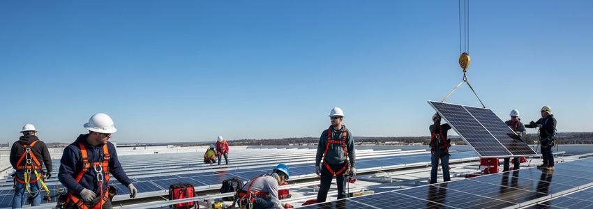 Solar installation crew installing panels on commercial rooftop