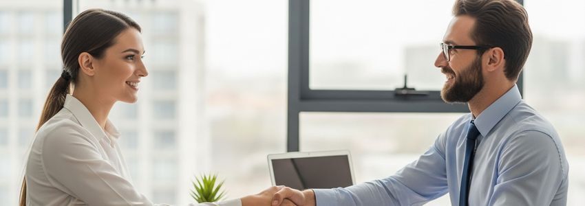 Small business owner discussing financing options with a loan advisor at a professional office