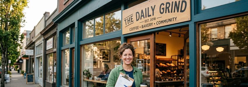 Sole proprietor business owner standing confidently in front of their small business storefront, representing self-employed financing