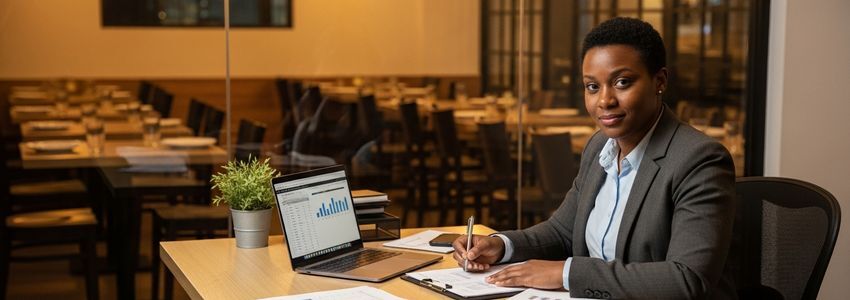 Soul food restaurant owner reviewing business financing documents at a restaurant desk